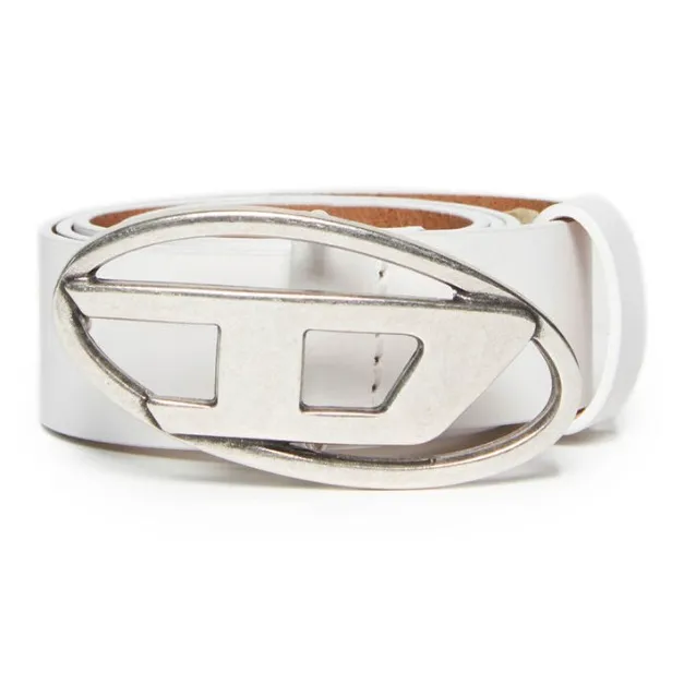 DIESEL Logo Emblem, Smooth Buckle Leather Belts Kids' White/Black-0