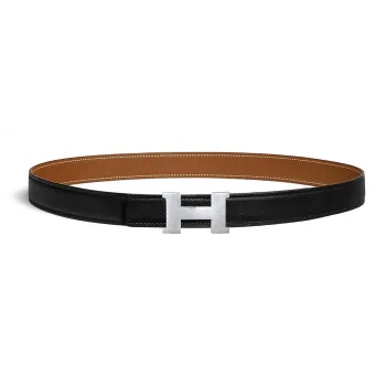 HERMES Mini Constance Hammer Pattern Smooth Buckle Leather Belts Men's Black Width 2.4CM