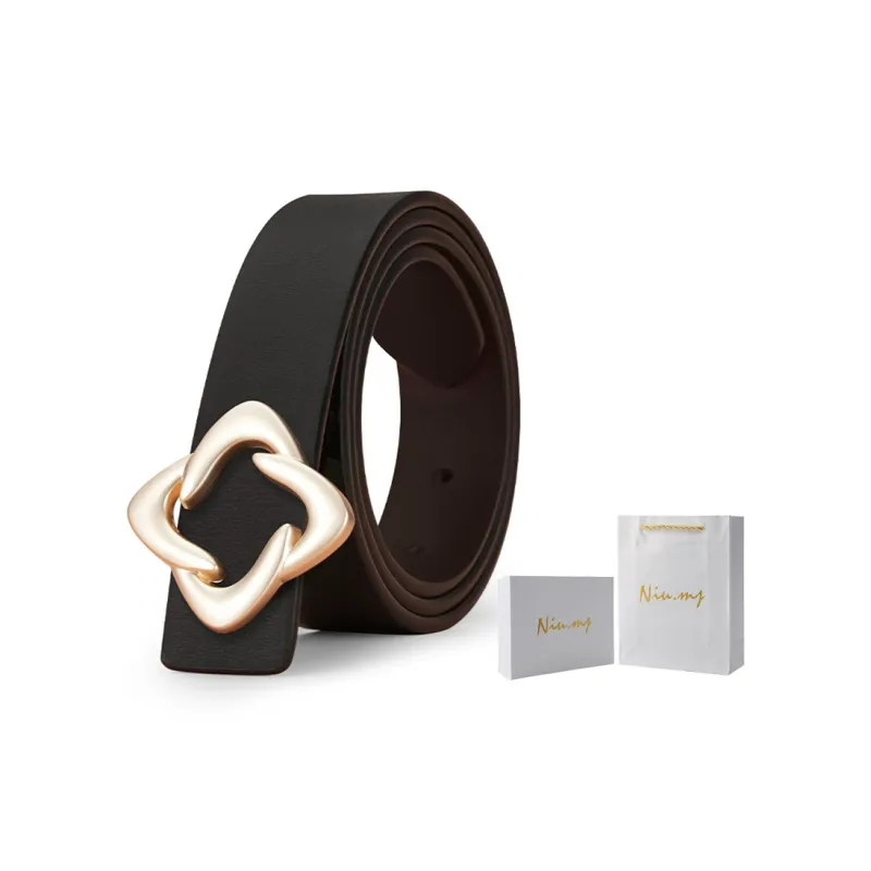 NIUMJ Gold Tone Lock Pattern, Business Casual, Smooth Buckle Leather Belts Women's Width 2.8CM-1