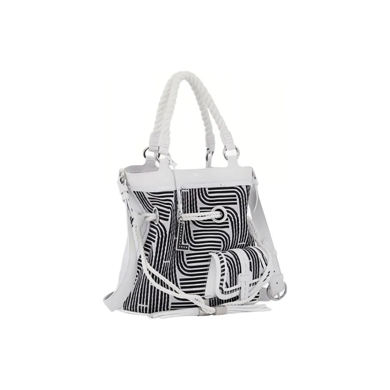 LANCEL Cow Leather Bucket Bags One Shoulder Handbags Medium Size Women's Black White-1