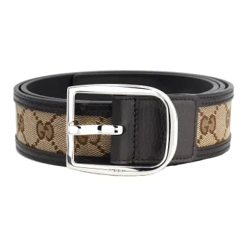 GUCCI Double G Brown Canvas Horse Shoe Mouth Pin Buckle Leather Belts Men's Brown Width  4cm