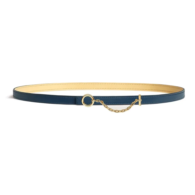 HERMES Chain Decoration Leather Belts Women's Yellow/Blue Width 1.3CM-1