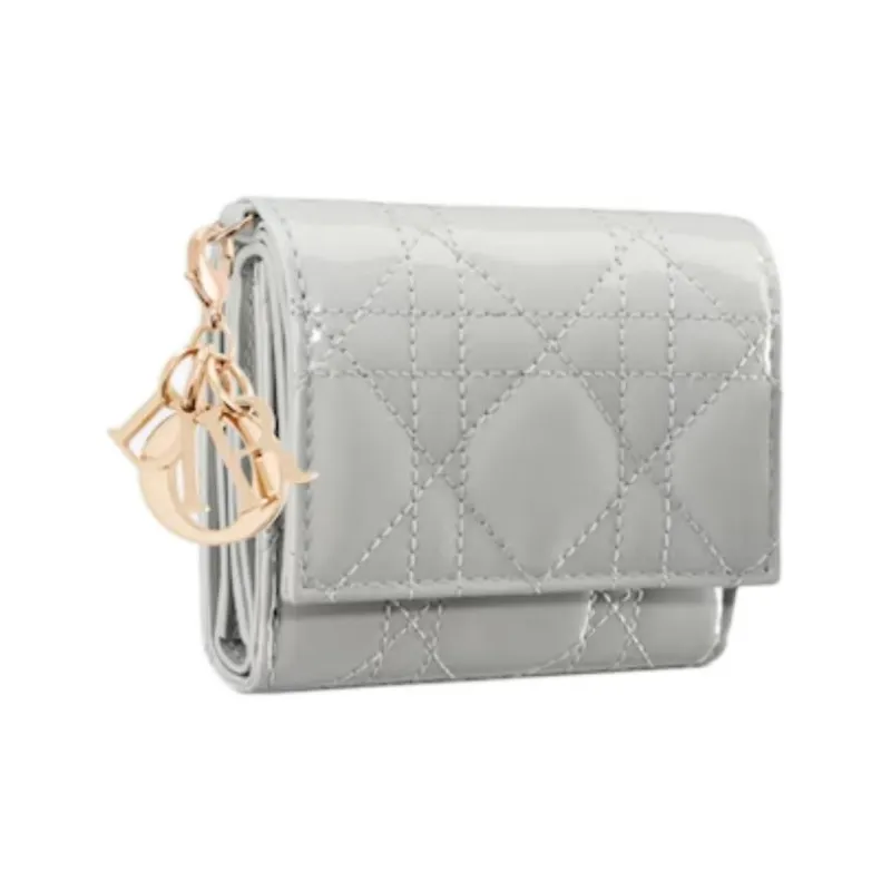 DIOR Wicker Pattern Patent Leather With Calfskin Wallet Women's Mist Gray-1