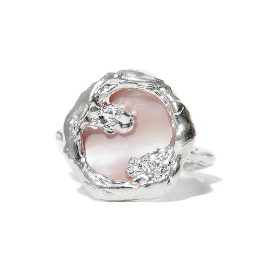 M.Wong Burnished 925 Sterling Silver Inlay Pink Mother of Pearl Handcrafted Texture Open Ended Ring Women's-5