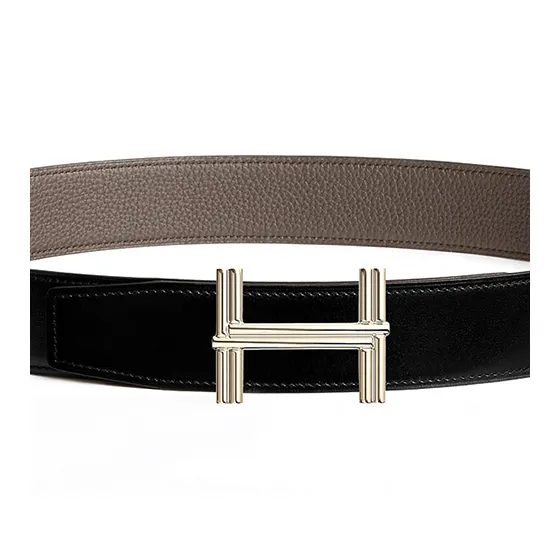 HERMES Leather Leather Belts Men's Black/Tin Gray Width  3.8cm-2