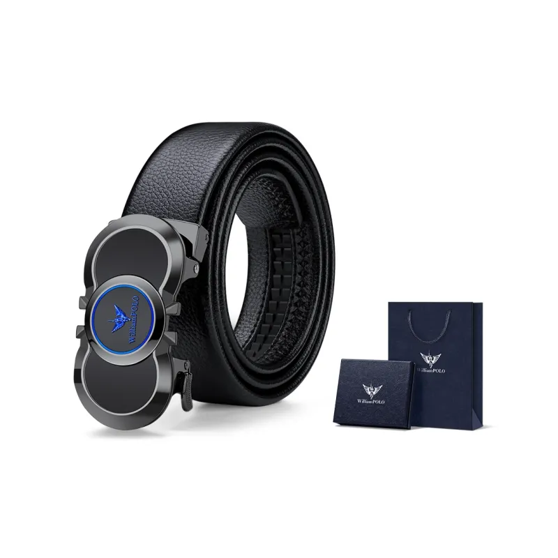 WilliamPOLO Top Grain Cow Leather Leather Belts Men's Gunmetal Buckle Blue Logo 3.5cm Width-5