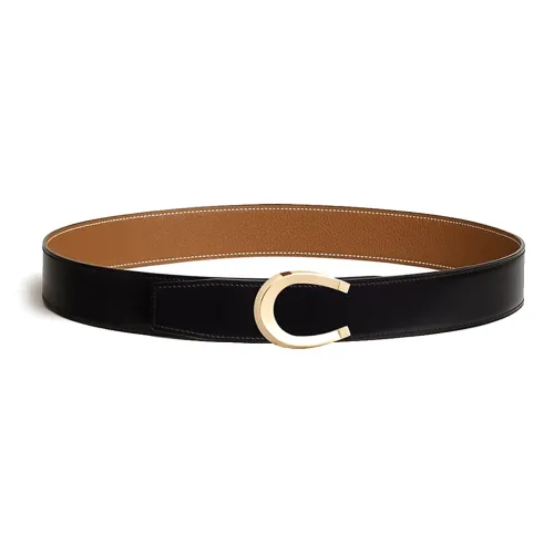 HERMES Calfskin Leather Belts Men's Black Width  3.8cm