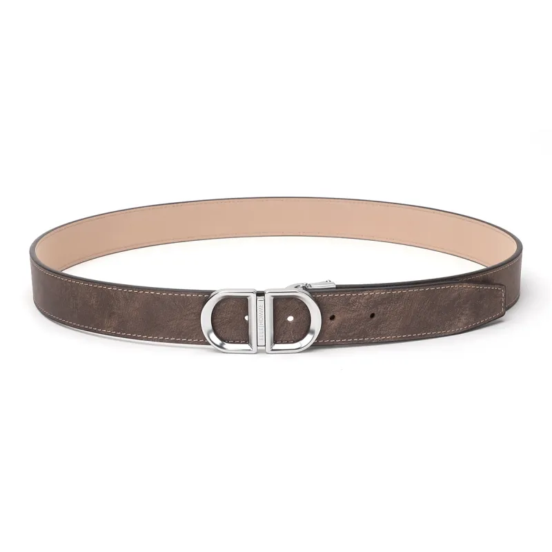 ELLE HOMME Plate Buckle Belt Genuine Leather, Alloy Buckle Top Grain Cow Leather Belt Men's Light Brown Width 3.4cm-4