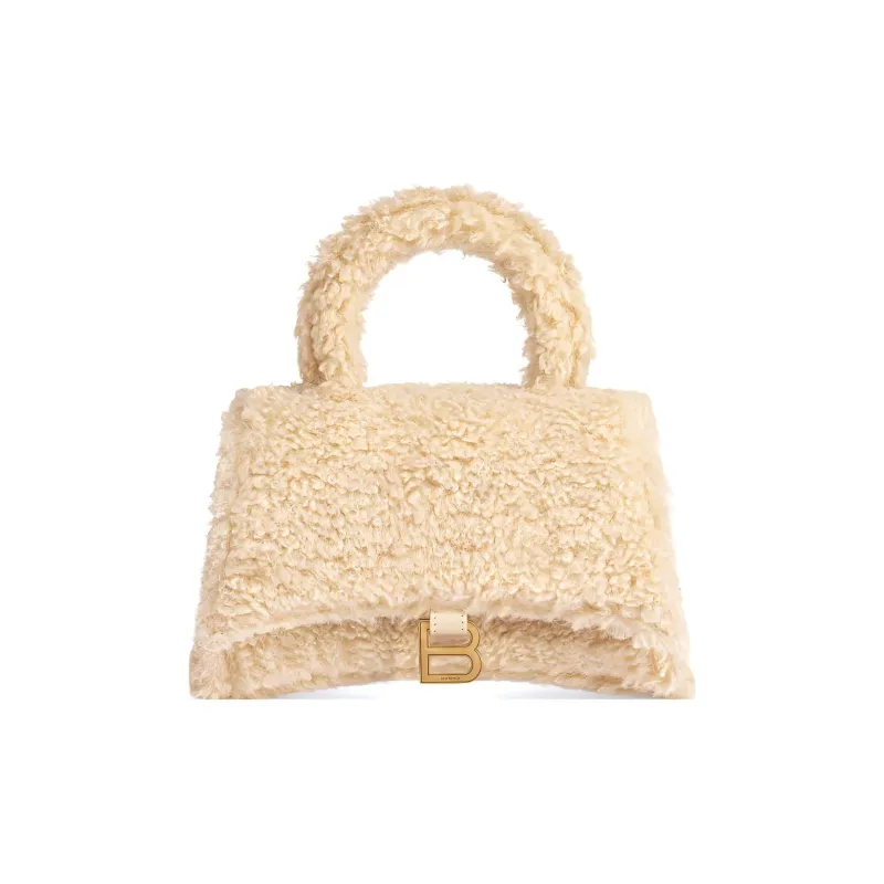 Balenciaga Furryhourglass Sheepskin Polyester Shoulder Bag Crossbody Bag Handbag Extra Small Women's Beige-0