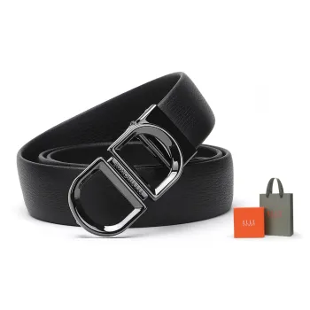 ELLE HOMME Plate Buckle Belt For Men Genuine Leather Alloy Buckle Men's Belt Men's Black Width 3.4cm