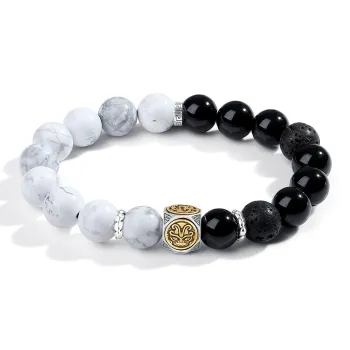 YINCHIE S925 Silver Agate Volcanic Stone Bracelets Men's Black White