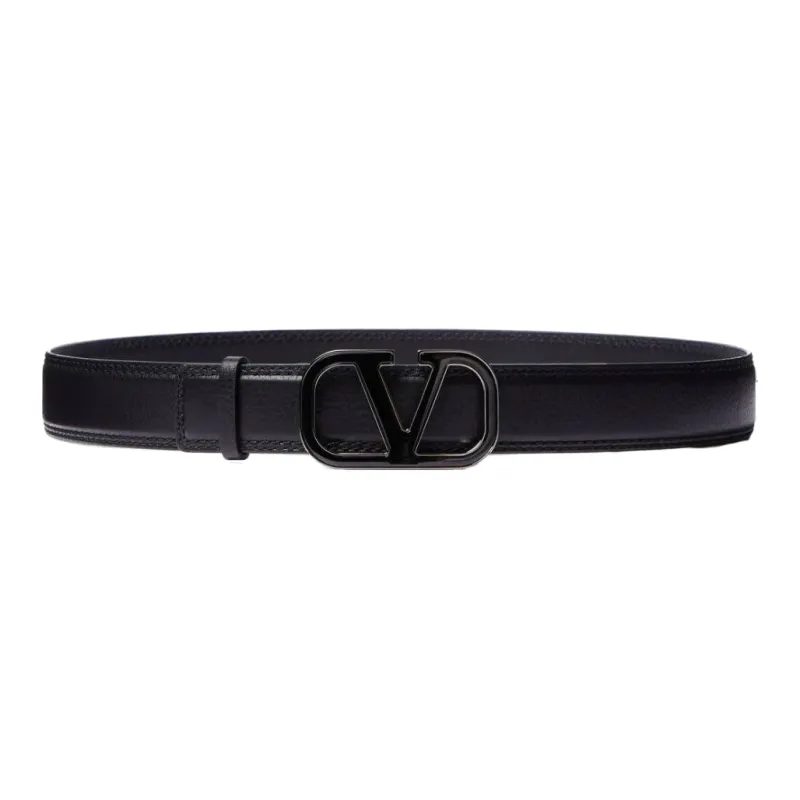 Valentino Logo Pattern Decoration Smooth Buckle Leather Belts Men's Black-0