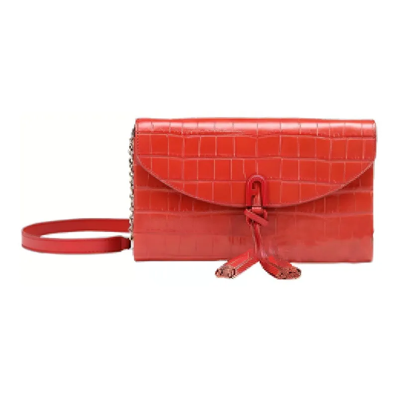Furla Crocodile Embossed Genuine Leather Shoulder Bag Crossbody Bag Women's Red-0