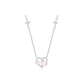 FANCI S925 Silver Inlaid Pink Heart Gemstone Pendant Necklaces Women's Back To School Style