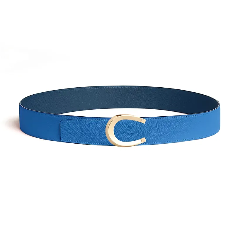 HERMES Double-Sided Logo Smooth Buckle Leather Belts Men's Blue Width: 3.8CM-1