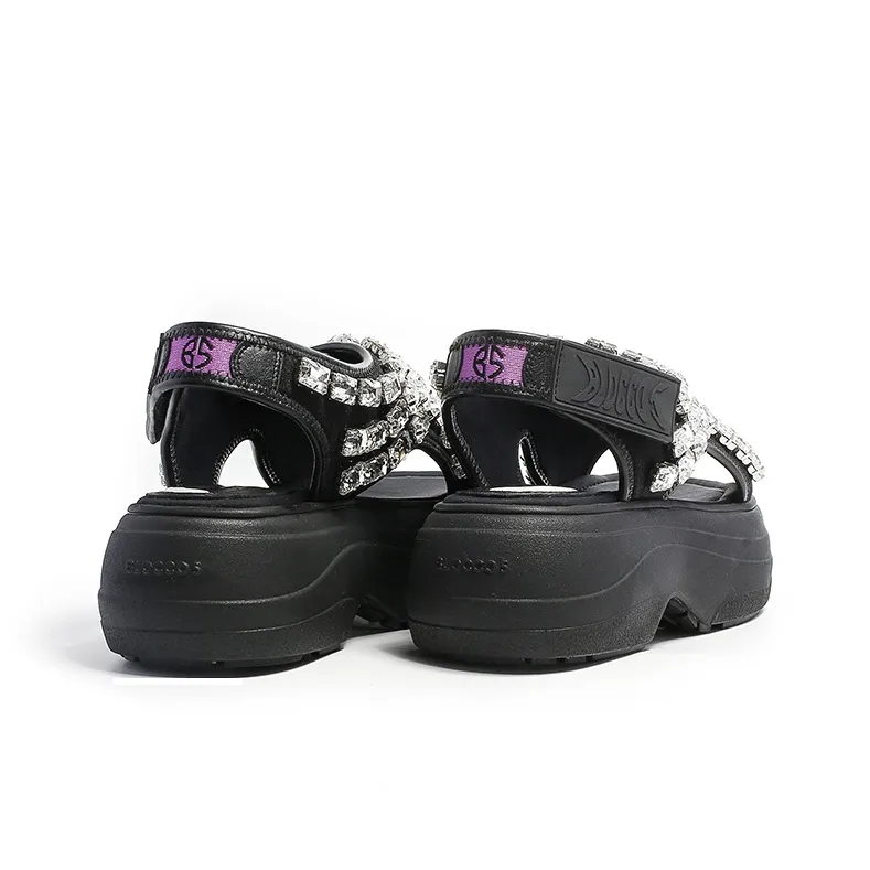 BLOCCO5 Height Increasing Rhinestone Hook and Loop Outdoor Slippers Strap Sandals Medium Heel 3 5cm Women's Black-2