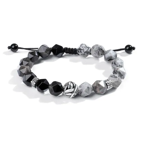 Eoro Obsidian 925 Sterling Silver Beaded Bracelet Men's