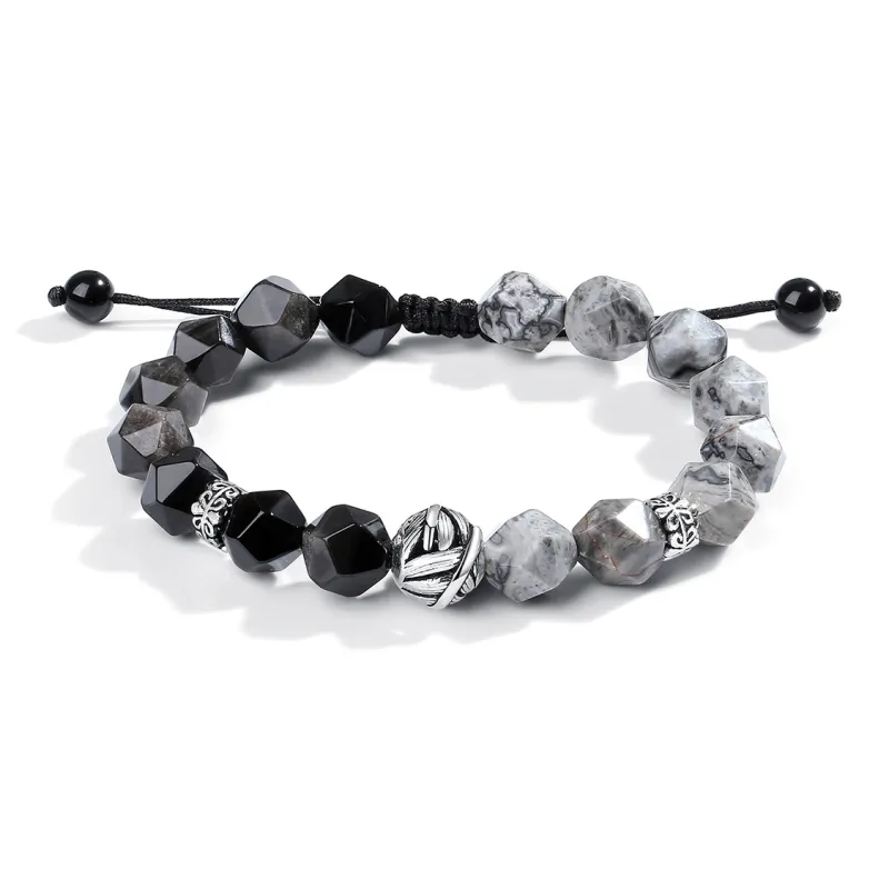 Eoro Obsidian 925 Sterling Silver Beaded Bracelet Men's-0