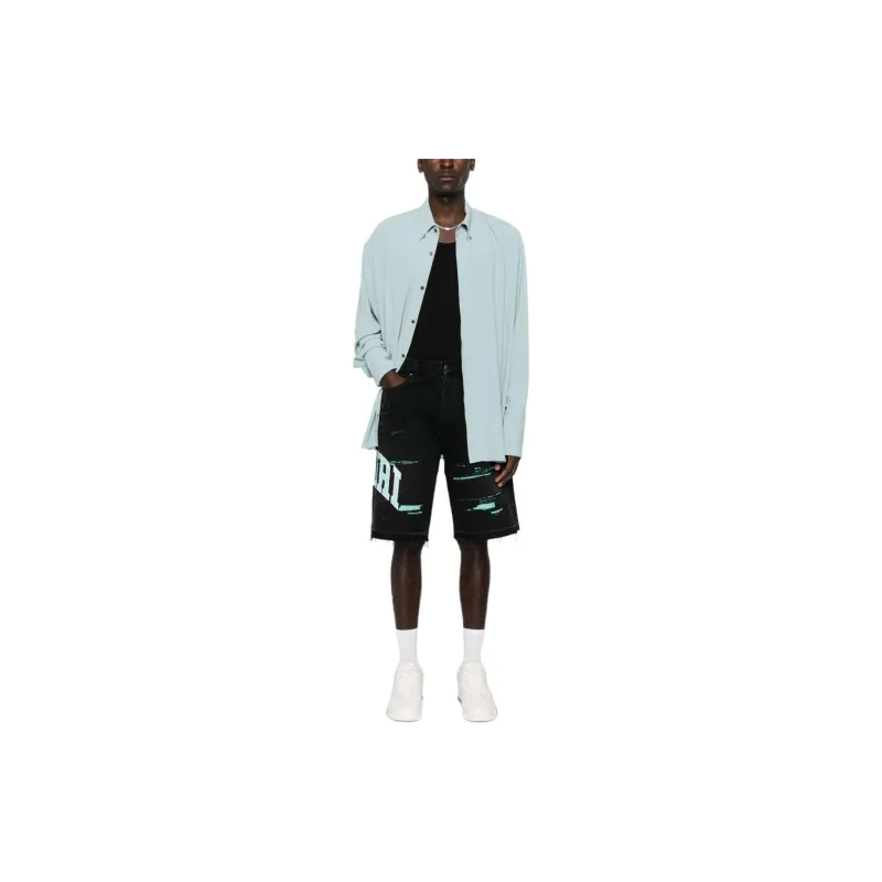 AMIRI Logo Patch Distressed Denim Bermuda Shorts-1