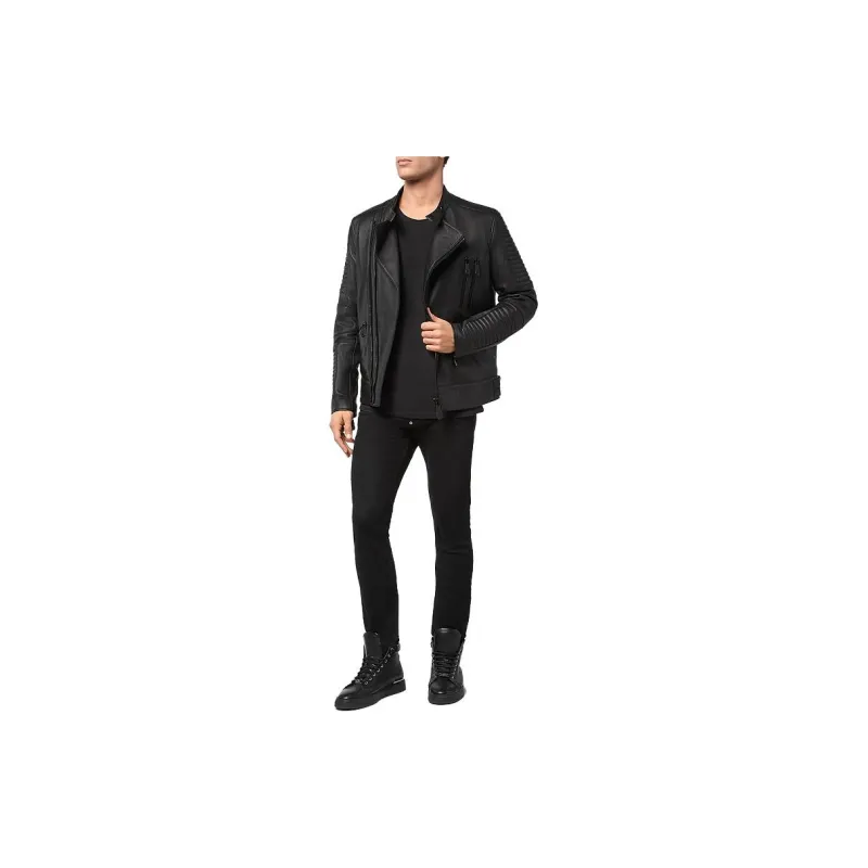 PHILIPP PLEIN Long Sleeved Leather Jacket Men's Black-3