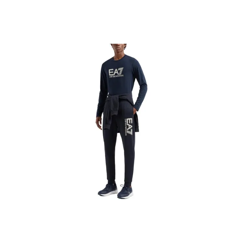 EMPORIO ARMANI EA7 Letter Logo Print Crew Neck Slim Fit Long Sleeved T Shirt Men's Navy Blue-1