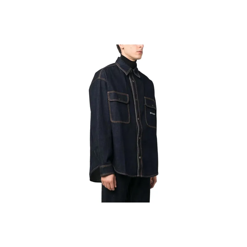 PALM ANGELS Logo Embroidered Denim Shirt-3
