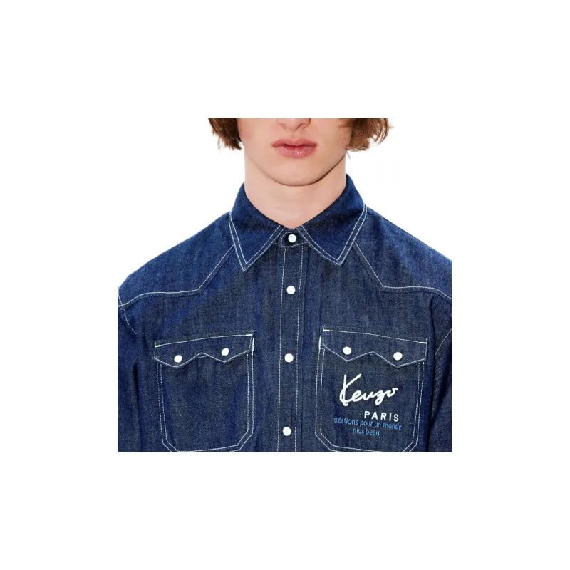 KENZO Logo Embroidered Buttoned Denim Shirt-5