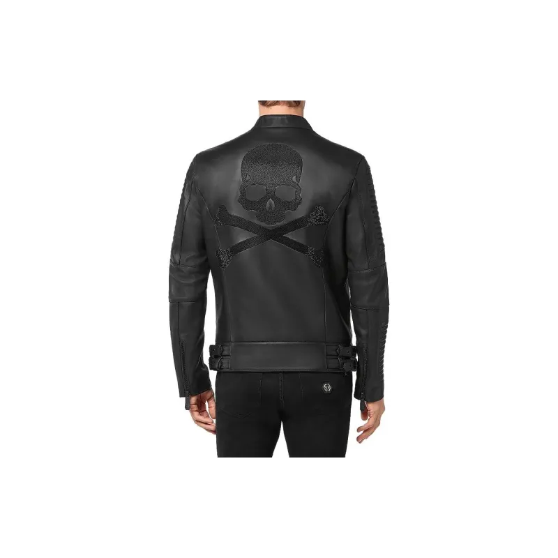 PHILIPP PLEIN Long Sleeved Leather Jacket Men's Black-2
