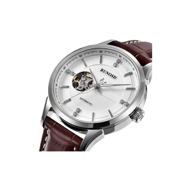 RUNOSD Automatic Mechanical Movement Leather Watch Bands Watch Men's Watches White Dial-7