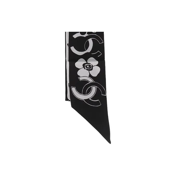 CHANEL Silk Silk Scarves Women's Black/White-2