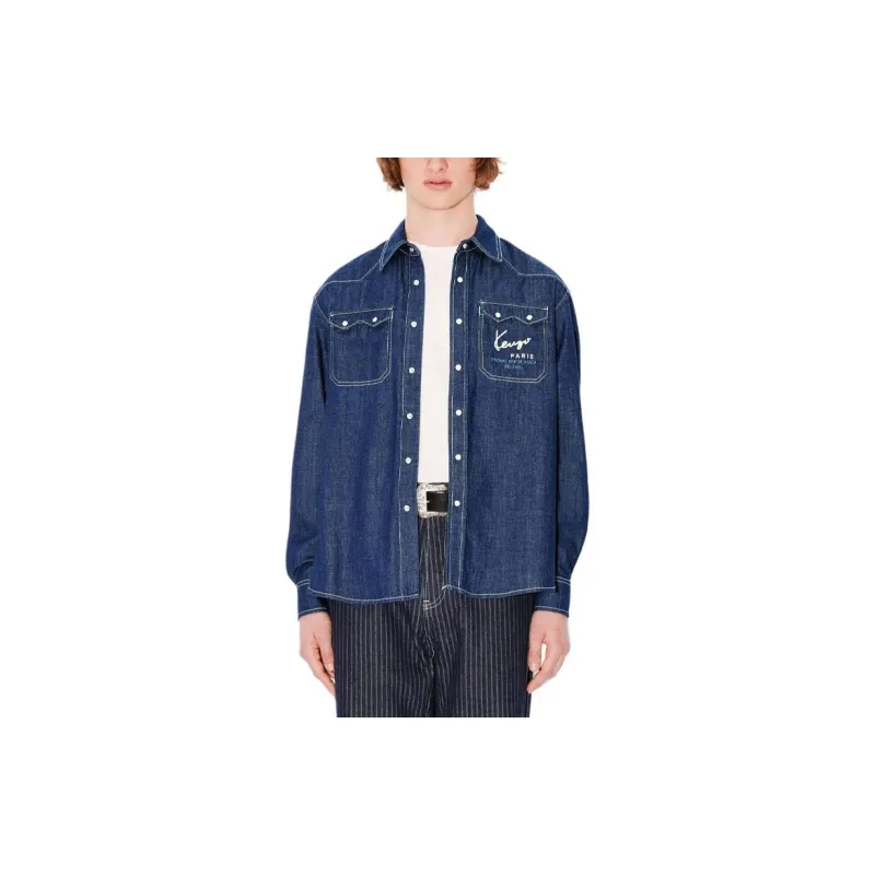 KENZO Logo Embroidered Buttoned Denim Shirt-3