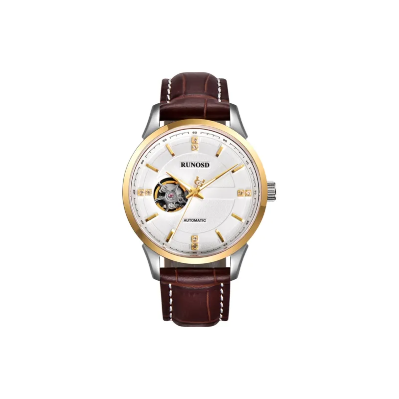 RUNOSD Automatic Mechanical Movement Leather Watch Bands Watch Men's Watches White Dial-0