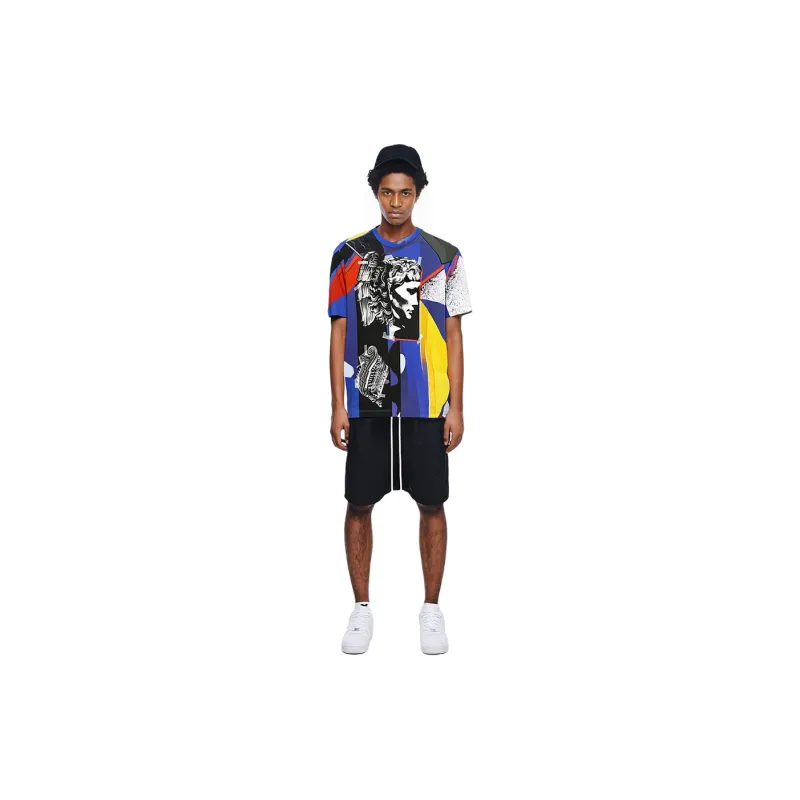 VERSACE Irregular Pattern Print Crew Neck T Shirt Royal Blue-2
