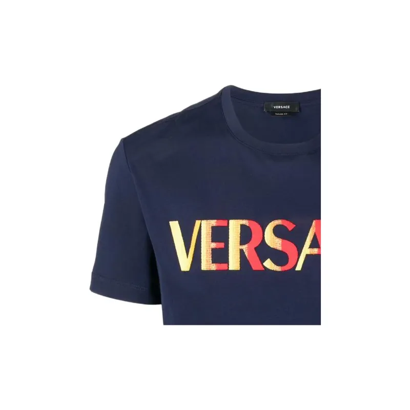 VERSACE VERSACE Logo Embroidered Crew Neck Pullover Short Sleeved T Shirt Men's Blue-2
