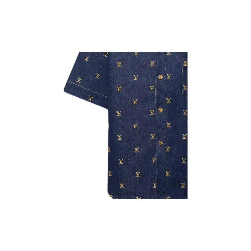LOUIS VUITTON Embroidered Signature Short Sleeved Denim Shirt-5