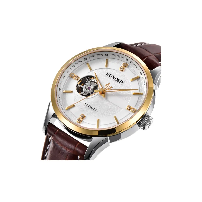 RUNOSD Automatic Mechanical Movement Leather Watch Bands Watch Men's Watches White Dial-1