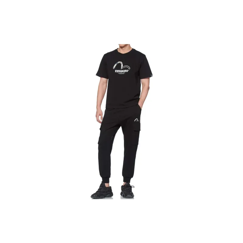 EVISU Crew Neck Fitted Straight Short Sleeved T Shirt Men's Black-2