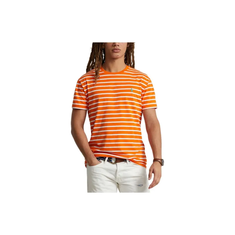 Polo Ralph Lauren Striped Loog Embroidery Crew Neck Pullover Short Sleeved T Shirt Men's Orange-2