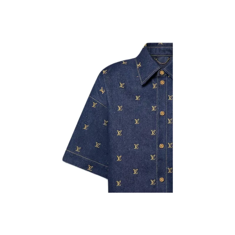 LOUIS VUITTON Embroidered Signature Short Sleeved Denim Shirt-3