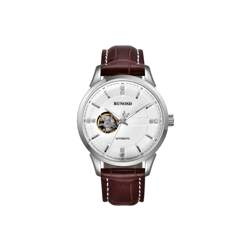 RUNOSD Automatic Mechanical Movement Leather Watch Bands Watch Men's Watches White Dial-6