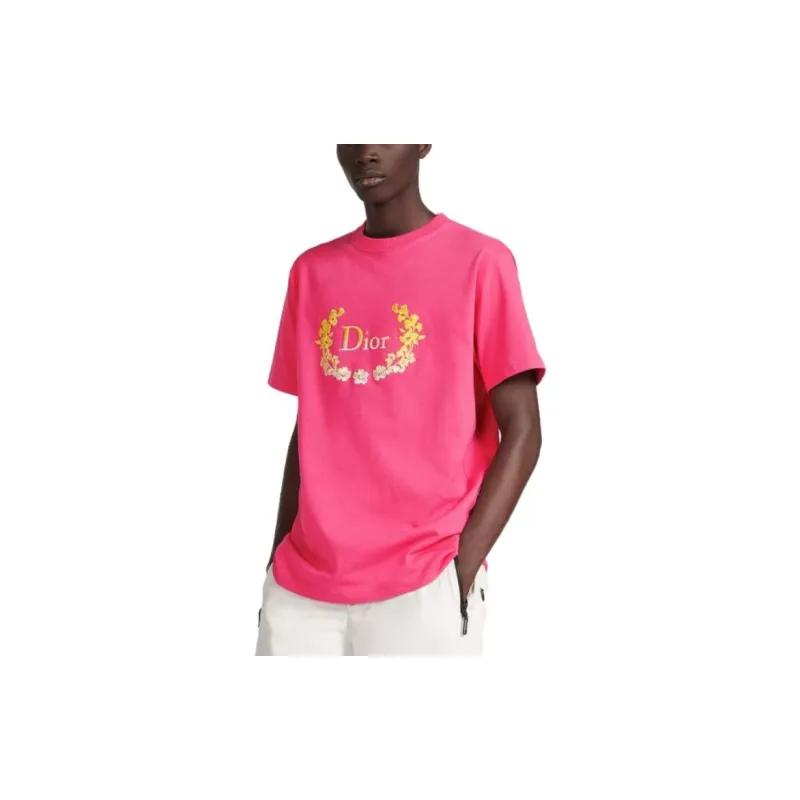 DIOR Logo Print Casual Short Sleeved T Shirt T Shirt Unisex Pink-3