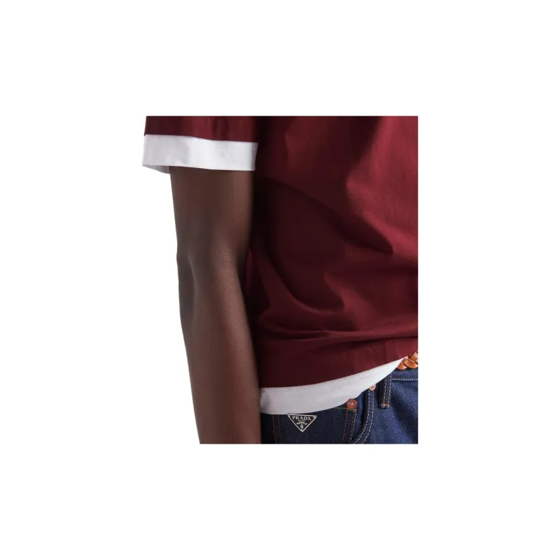 PRADA Logo Emblem Round Neck Pullover Short Sleeved T Shirt Men's Garnet Red-2