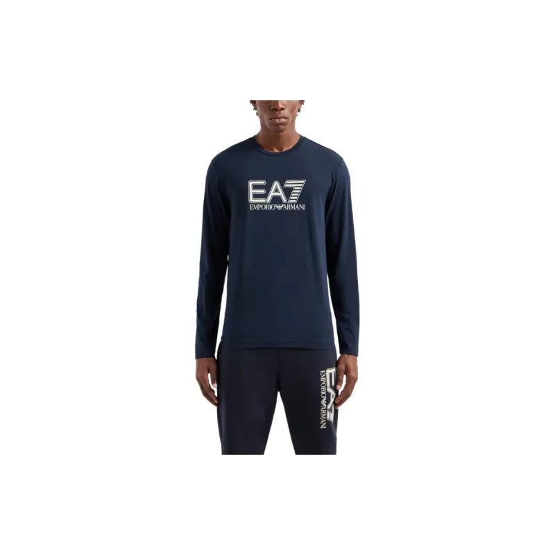 EMPORIO ARMANI EA7 Letter Logo Print Crew Neck Slim Fit Long Sleeved T Shirt Men's Navy Blue-3