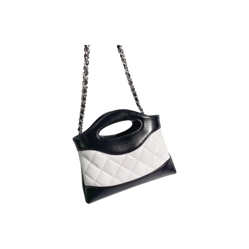 CHANEL Lambskin Handbag, Shoulder Bag, Crossbody Bag Women's White & Black-5