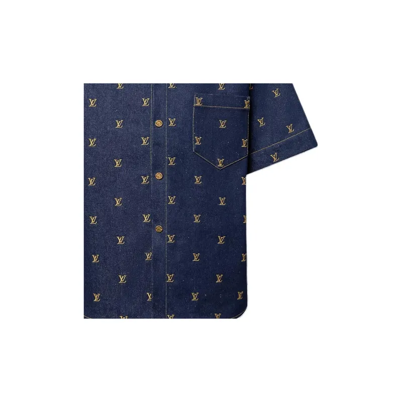 LOUIS VUITTON Embroidered Signature Short Sleeved Denim Shirt-4