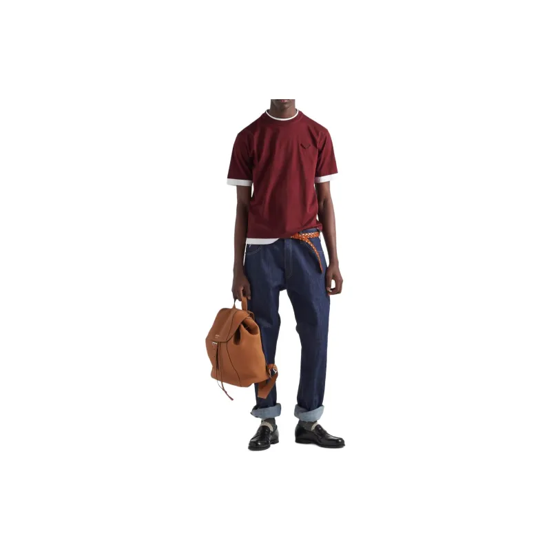 PRADA Logo Emblem Round Neck Pullover Short Sleeved T Shirt Men's Garnet Red-3
