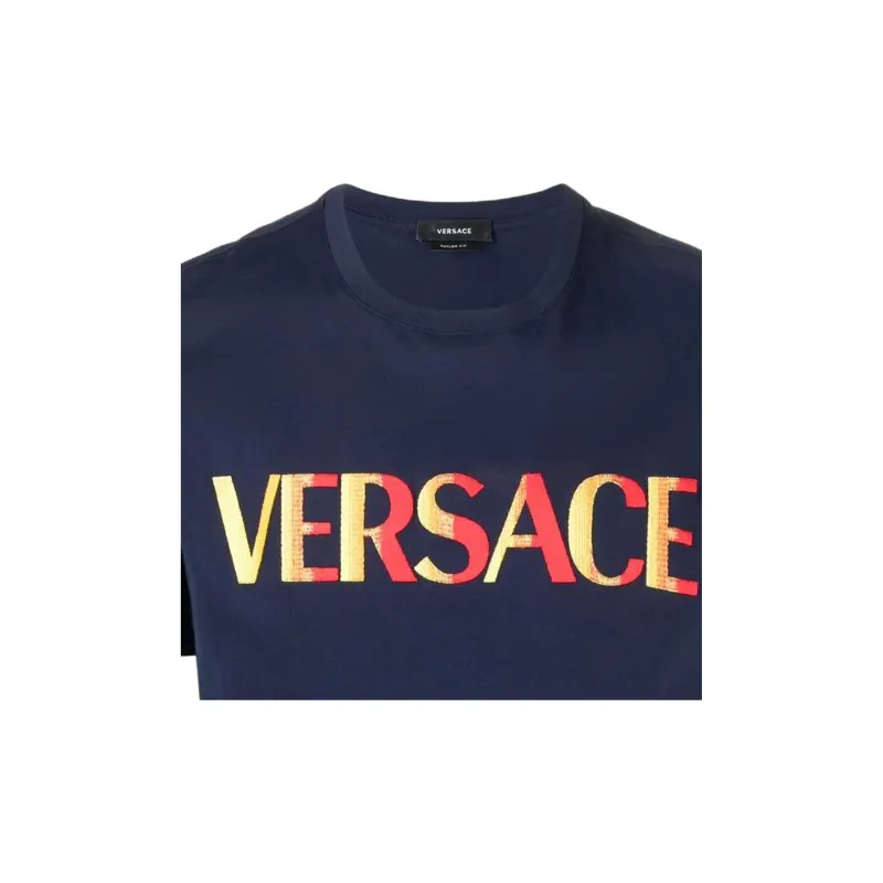 VERSACE VERSACE Logo Embroidered Crew Neck Pullover Short Sleeved T Shirt Men's Blue-5