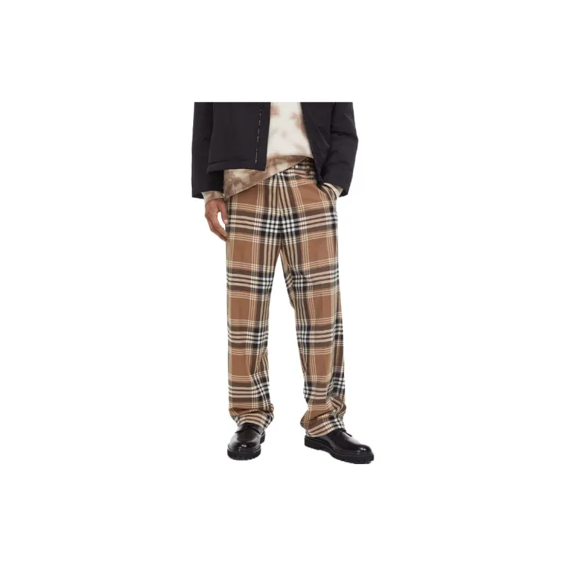 H&M Casual Pants Men Dark Beige/Plaid-1