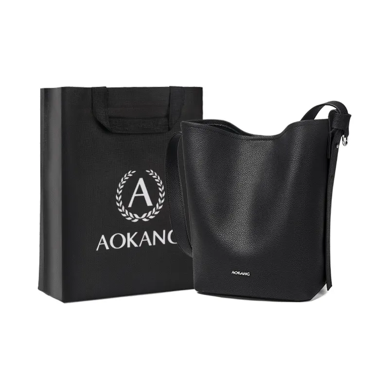 AOKANG Cow Leather Bucket Bag, Shoulder Bag Medium Size Women's Trench Gray/Cookie/Classic Black-8