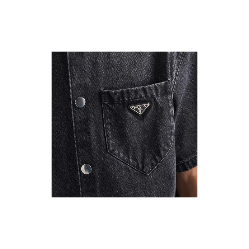 PRADA Logo Plaque Short Sleeved Denim Shirt-5